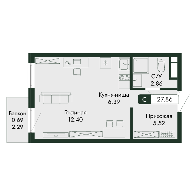 1-к, 27.86 м² · Парковая Резиденция
