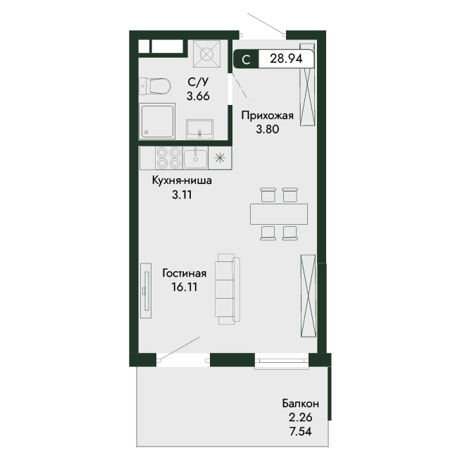 1-к, 28.94 м² · Парковая Резиденция