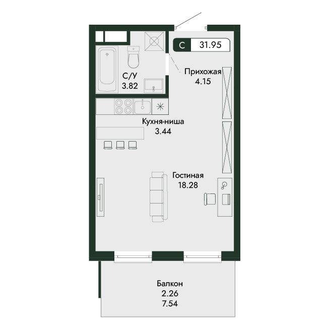 1-к, 31.95 м² · Парковая Резиденция