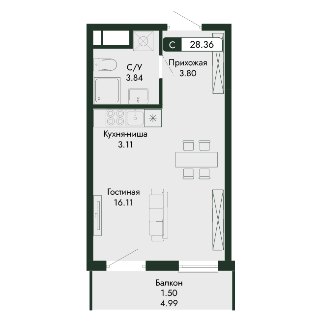 1-к, 28.36 м² · Парковая Резиденция