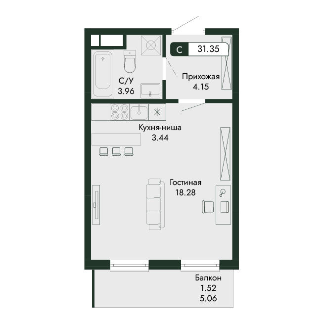 1-к, 31.35 м² · Парковая Резиденция