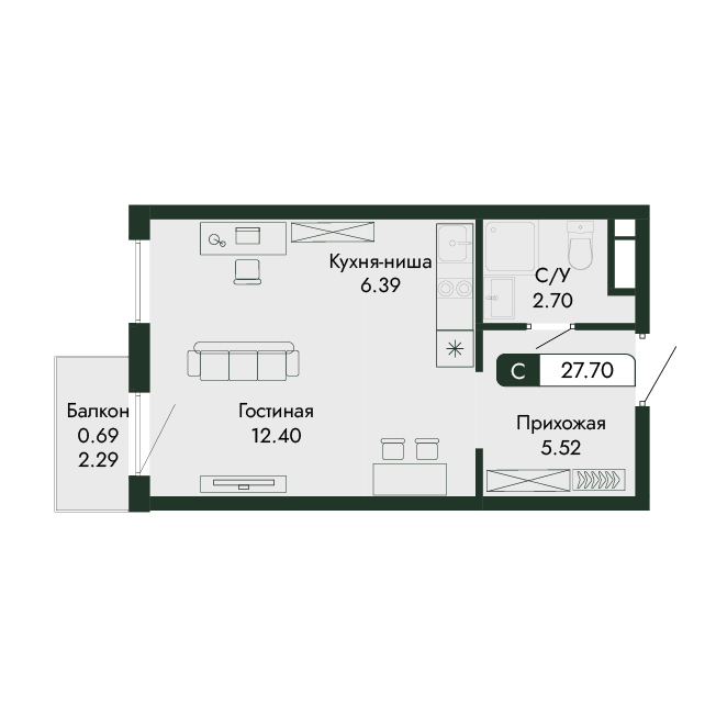 1-к, 27.7 м² · Парковая Резиденция