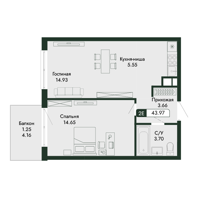 2-к, 43.97 м² · Парковая Резиденция