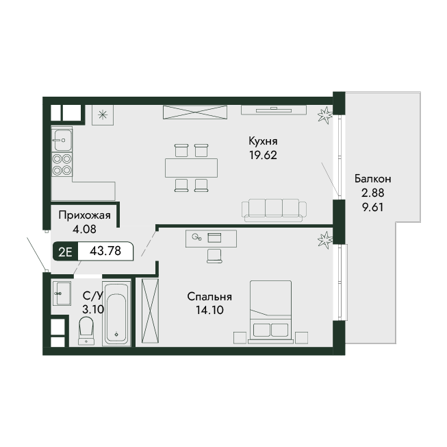 2-к, 43.78 м² · Парковая Резиденция