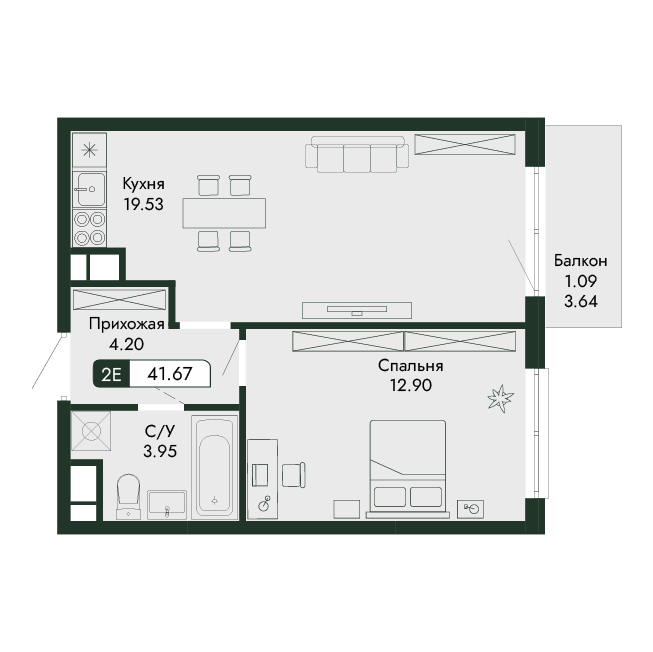 2-к, 41.67 м² · Парковая Резиденция