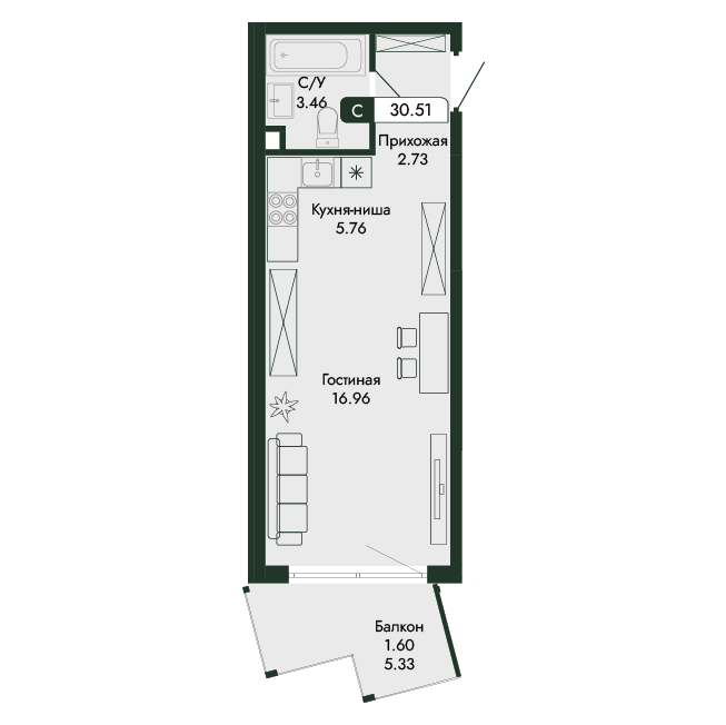 1-к, 30.51 м² · Парковая Резиденция
