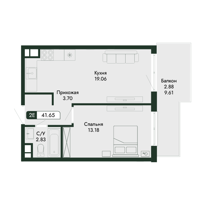 2-к, 41.65 м² · Парковая Резиденция